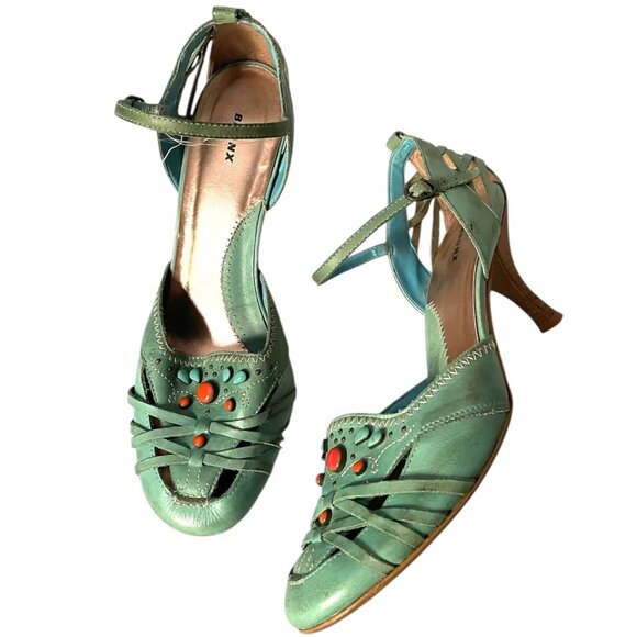 Bronx Y2K Mint Green Leather Strappy Heels With Bead Embellishment - Picture 1 of 9